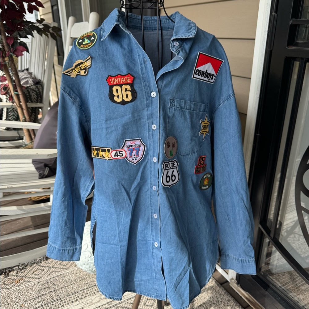 Women’s Denim Button Down Shirt with patches. Size M